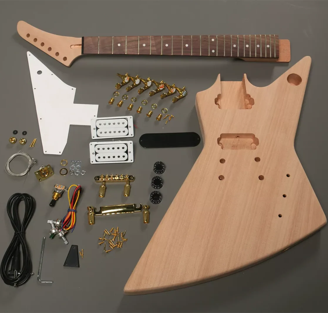 Custom Cheap DIY Explorer Electric Guitar Full Kits HH Pickup Gold Kit 6 String Mahogany Body