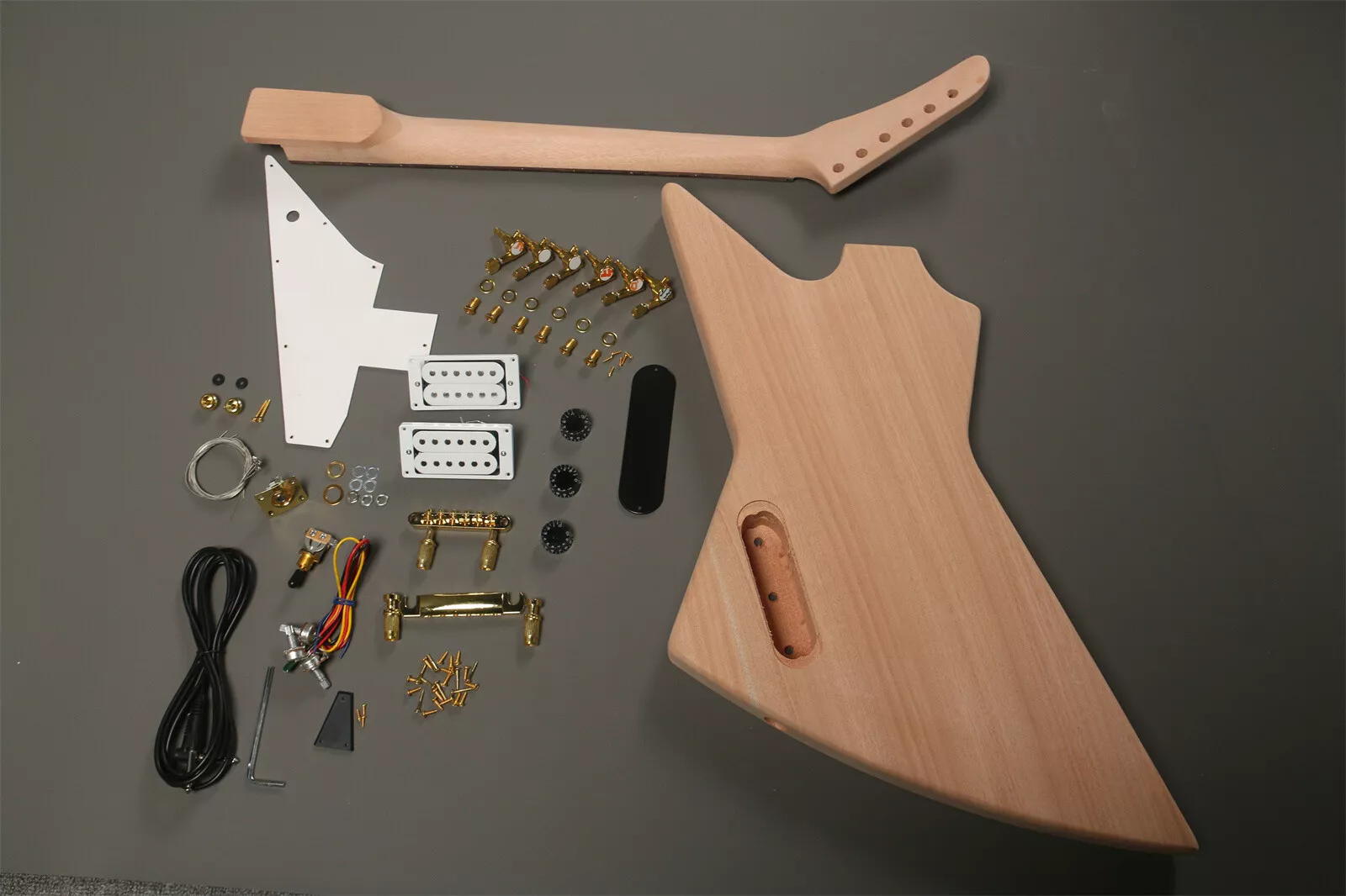 Custom Cheap DIY Explorer Electric Guitar Full Kits HH Pickup Gold Kit 6 String Mahogany Body - Image 2