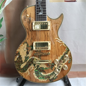 Natural Wood Les Paul Electric Guitar, Dual Humbucker Pickups, Abalone Dragon Inlay on Body & Neck, Gold Hardware - Image 3
