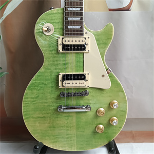 Transparent Green Flame Maple Top Les Paul Electric Guitar, Dual Humbucker Pickups, Cream Pickguard, Gold Hardware & Trapezoid Inlays - Image 3