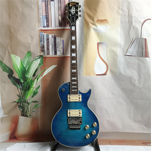 Transparent Blue Tiger Flame Maple Top Les Paul Electric Guitar, Floyd Rose Tremolo Bridge, Gold Hardware & Block Inlays