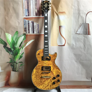 Transparent Amber Quilted Maple Top Les Paul Custom Electric Guitar, Ebony Fretboard with Block Inlays, Gold Hardware & Multi-Ply Black Binding