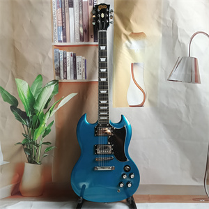 Lake Blue Metallic SG Style Electric Guitar, Dual Humbucker Pickups, Chrome Hardware & Black Pickguard