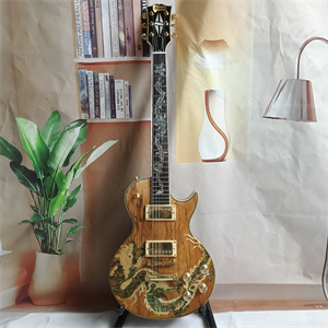 Natural Wood Les Paul Electric Guitar, Dual Humbucker Pickups, Abalone Dragon Inlay on Body & Neck, Gold Hardware - Image 2