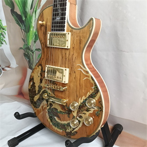 Natural Wood Les Paul Electric Guitar, Dual Humbucker Pickups, Abalone Dragon Inlay on Body & Neck, Gold Hardware - Image 4