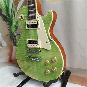 Transparent Green Flame Maple Top Les Paul Electric Guitar, Dual Humbucker Pickups, Cream Pickguard, Gold Hardware & Trapezoid Inlays - Image 4