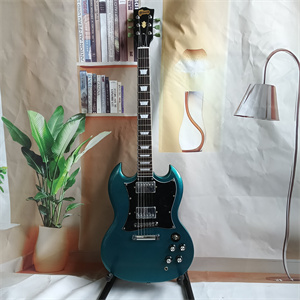 Lake Blue Metallic SG Style Electric Guitar, Dual Humbucker Pickups, Chrome Hardware & Black Pickguard