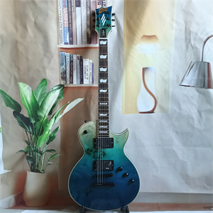 Blue to Green Gradient Burl Top Les Paul Electric Guitar, Dual Black Humbucker Pickups, Chrome Hardware & Block Inlays