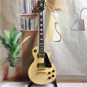 Vintage Cream Les Paul Custom Electric Guitar, Ebony Fretboard with Block Inlays, Gold Hardware & Black Pickguard