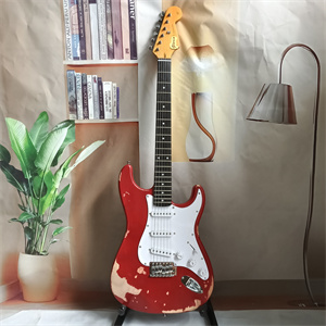 Vintage Relic Red ST Electric Guitar, SSS Pickup Configuration, White Pickguard, Aged Maple Headstock & Chrome Hardware