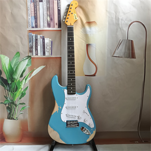 Vintage Relic Lake Placid Blue ST Electric Guitar, SSS Pickup Configuration, White Pickguard, Aged Maple Headstock & Chrome Hardware
