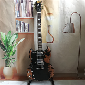Vintage Relic Black Over Natural Wood SG Electric Guitar, Dual Humbucker Pickups, Black Pickguard & Chrome Hardware
