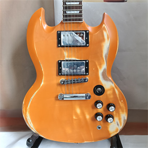 Vintage Relic Orange Over Natural Wood SG Electric Guitar, Dual Humbucker Pickup Configuration, Aged Finish & Chrome Hardware - Image 3