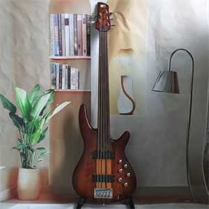 Brown Sunburst Fretless 5-String Electric Bass Guitar, Neck-Through-Body Construction, Dual Pickups, Active Electronics & Chrome Hardware