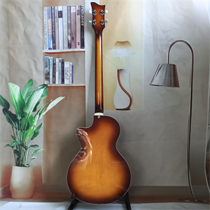 Vintage Sunburst Hollow Body 4-String Electric Bass Guitar, Dual Pickups, White Pearloid Pickguard & Chrome Hardware - Image 5