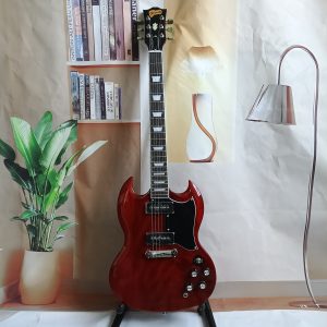 Cherry Red SG Style Electric Guitar, Dual Humbucker Pickups, Chrome Hardware, Black Pickguard & Trapezoid Inlays