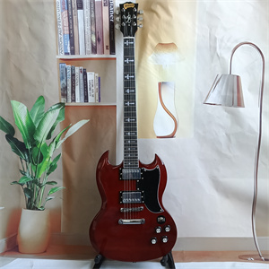 Cherry Red SG Style Electric Guitar, Dual Humbucker Pickups, Chrome Hardware, Black Pickguard & Cross Inlays