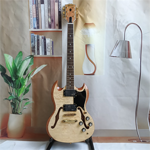 Natural Wood Semi-Hollow SG Electric Guitar, Quilted Maple Top, Dual Humbucker Pickups, Gold Hardware & F-Holes