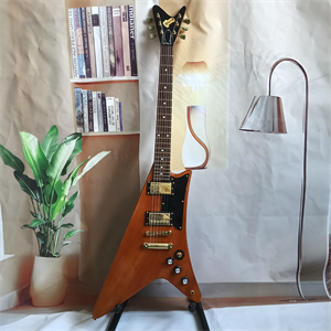Natural Wood Flying V Style Electric Guitar, Dual Humbucker Pickups, Gold Hardware & Black Pickguard