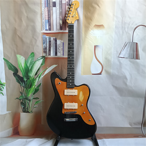Black Offset Electric Guitar, Dual P90 Pickup Configuration, Orange Pickguard, Aged Maple Headstock & Chrome Hardware