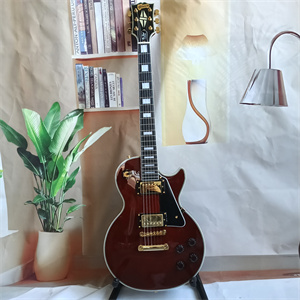 Wine Red Les Paul Custom Electric Guitar, Dual Humbucker Pickups, Gold Hardware, Black Pickguard & Block Inlays