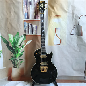 Black Les Paul Custom Electric Guitar, Dual Humbucker Pickups, Gold Hardware, Black Pickguard & Block Inlays
