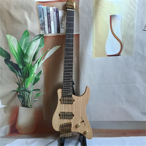 Natural Ash Wood 8-String Headless Electric Guitar, Dual Humbucker Pickups, Gold Hardware & Black Fretboard
