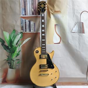 Cream Yellow Les Paul Custom Electric Guitar, Dual Humbucker Pickups, Gold Hardware, Black Pickguard & Block Inlays