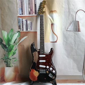 Vintage Relic Black Over Sunburst ST Electric Guitar, SSS Pickup Configuration, Tortoiseshell Pickguard & Chrome Hardware