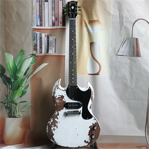 Vintage Relic White Over Natural Wood SG Electric Guitar, Single Humbucker Pickup Configuration, Black Pickguard & Chrome Hardware