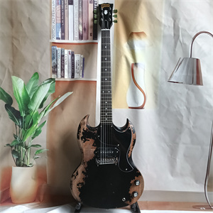 Vintage Relic Black Over Natural Wood SG Electric Guitar, Single Humbucker Pickup, Black Pickguard & Chrome Hardware